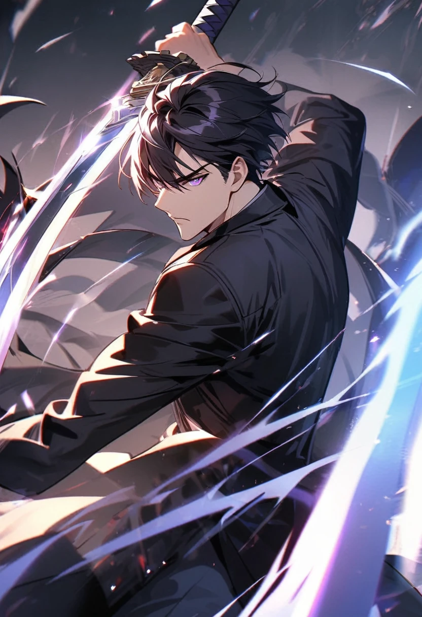 handsome, alone, 1 man, short hair, black hair, purple eyes, black shirt, black coat, Lots of power,fight with sword