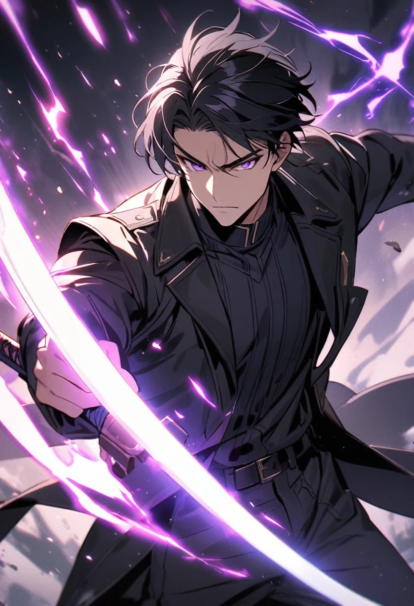 handsome, alone, 1 man, short hair, black hair, purple eyes, black shirt, black coat, Lots of power,fight with sword