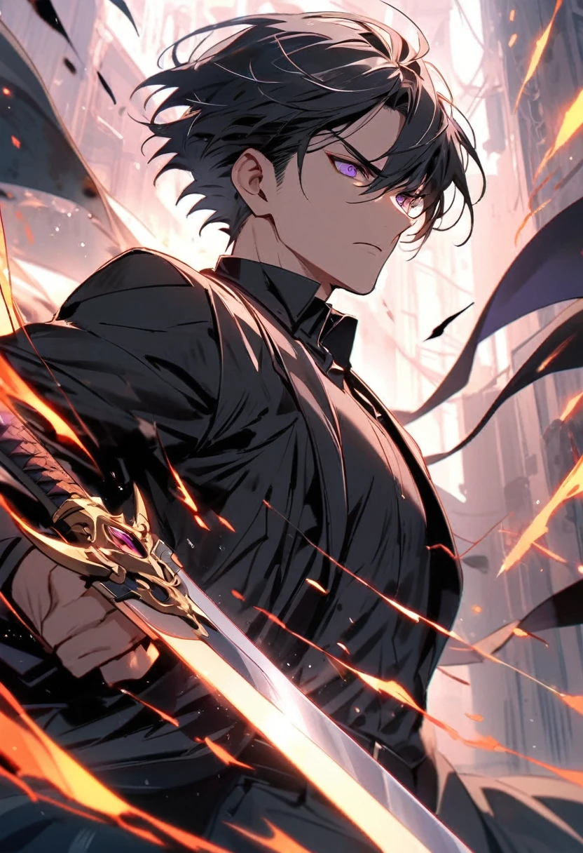 handsome, alone, 1 man, short hair, black hair, purple eyes, black shirt, black coat, Lots of power,fight with sword