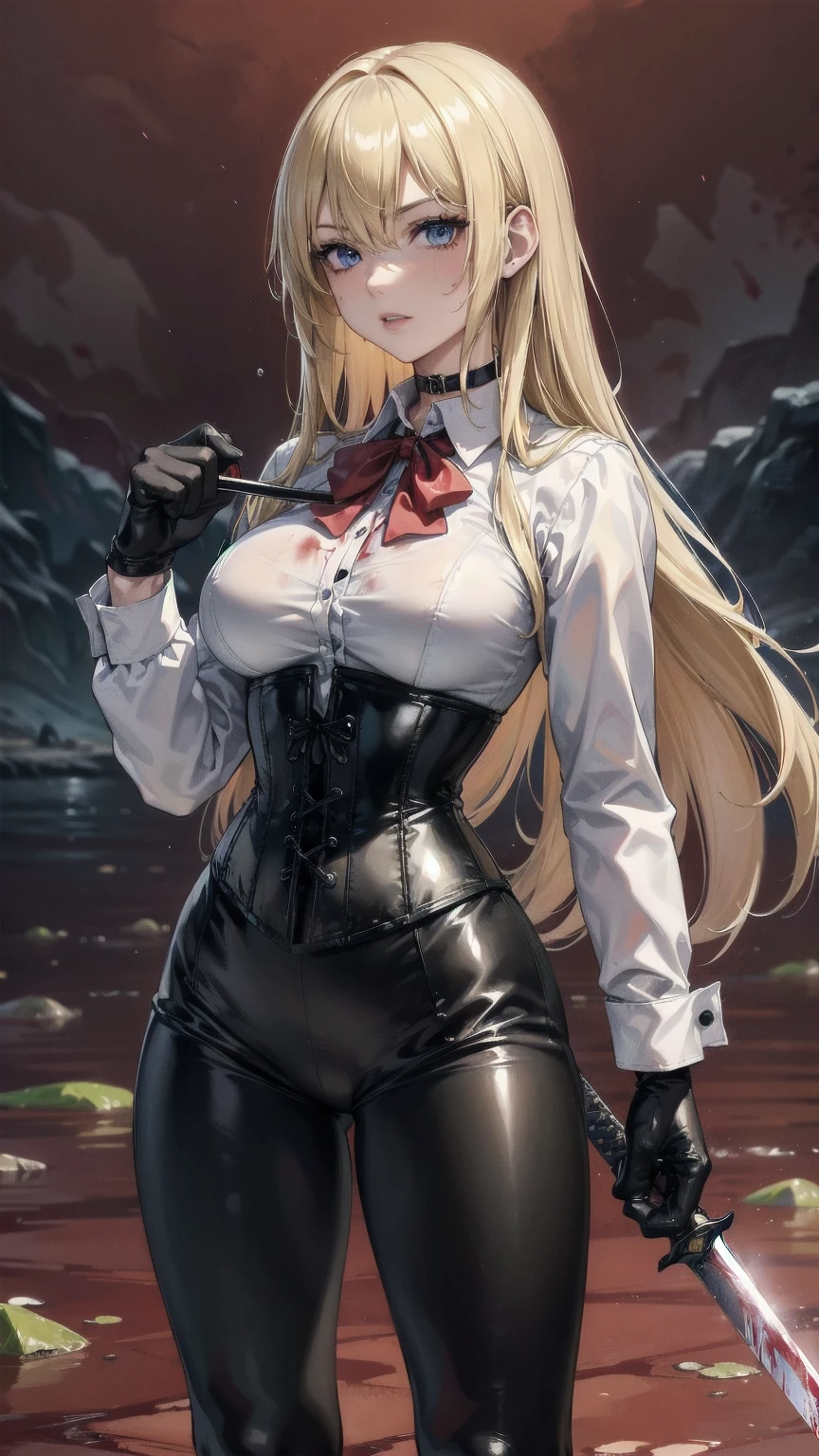 ((blood droplets)), ((blood)), ((blood splatter)), ((blood on clothes)) ((blood stain)), Masterpiece, Superior image quality, high resolution, 4k image,photo and gross, photorealistic, whole body, Torn clothes, ung blonde of 15 years, fighting pose, {{{vagina}}}, big breasts, beautiful face, Long blonde hair, blue eyes, very detailed eyes, serious expression, choker:1.6, (white collar button down long sleeve shirt), black gloves, gloves that cover hands, (wields a sword in his right hand), (black leather corset), (shiny black leggings), Sensual Lips, show details in the eyes, View from the front, looking at the viewer, standing on the shore of a lagoon, gloomy lagoon, Atmosphere, crimson sky