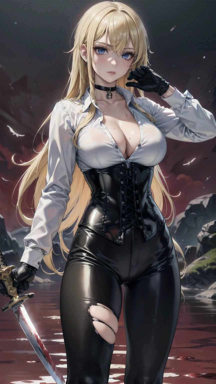 ((blood droplets)), ((blood)), ((blood splatter)), ((blood on clothes)) ((blood stain)), Masterpiece, Superior image quality, high resolution, 4k image,photo and gross, photorealistic, whole body, Torn clothes, 1 young blonde of 15 years, fighting pose, {{{vagina}}}, big breasts, beautiful face, Long blonde hair, blue eyes, very detailed eyes, serious expression, choker:1.6, (white collar button down long sleeve shirt), black gloves, gloves that cover hands, (wields a sword in his right hand), (black leather corset), (shiny black leggings), Sensual Lips, show details in the eyes, View from the front, looking at the viewer, standing on the shore of a lagoon, gloomy lagoon, Atmosphere, crimson sky