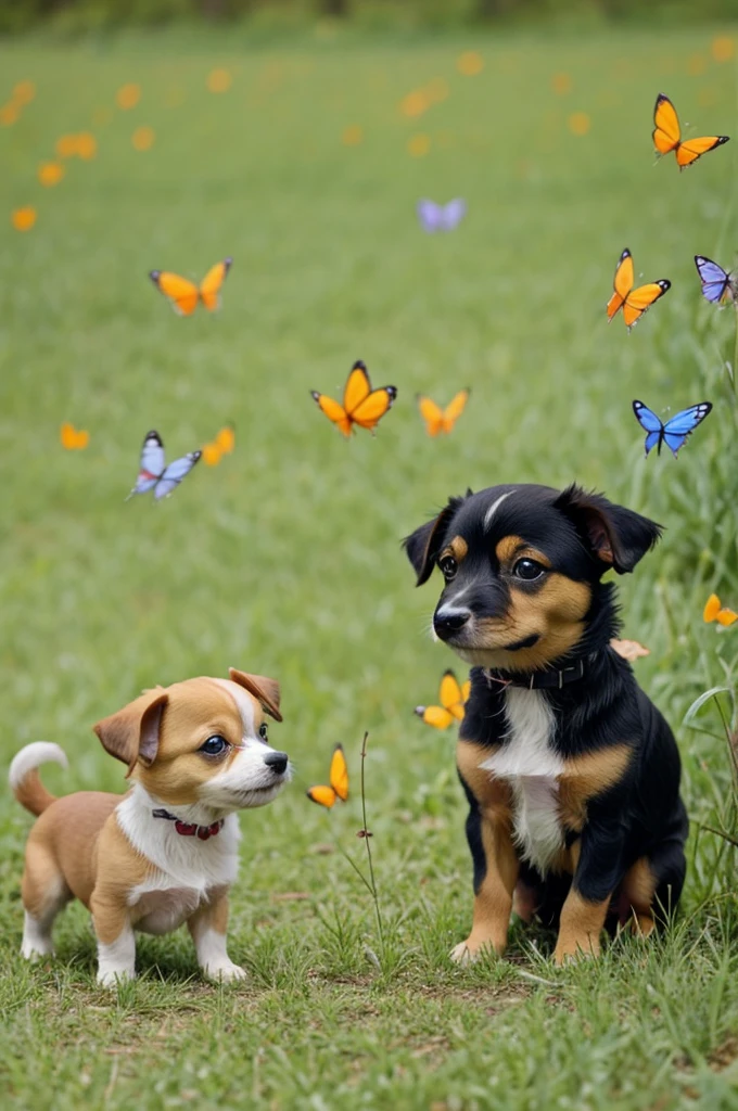 Little dog playing with butterflies in the field