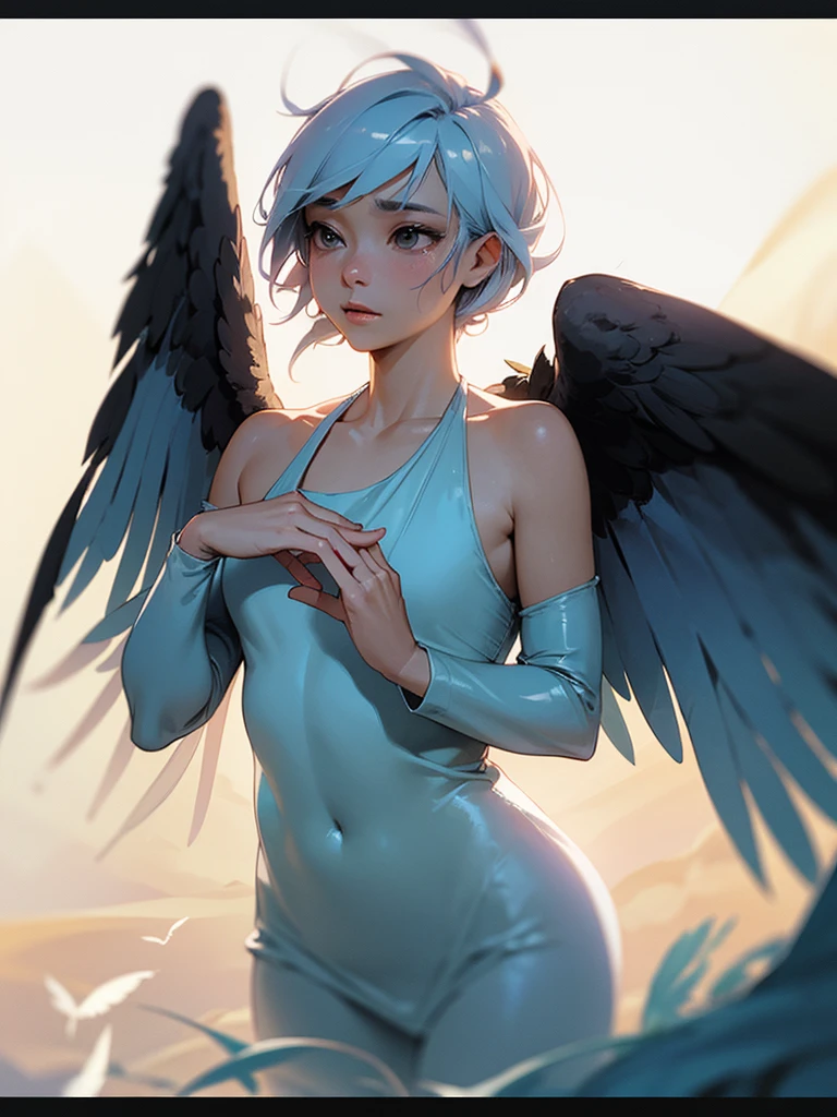 (Sumilux f1.4 24mm , low Latitude old color negative film , cross process , bokeh, flare, chromatic aberration , soft focus, (Shallow focus) , soft glow , Maximum aperture, High Key , Transparent depiction) , Wide angle , anime Harpy girl , kawaii round face , skinny body , Loose-fitting Halter neck , Many feathers fluttering down , looking away , clothed erotica , Opera singer pose , on the The peak of the rock , Strong winds , Cloaca , splash White excrement , Hide with feathers