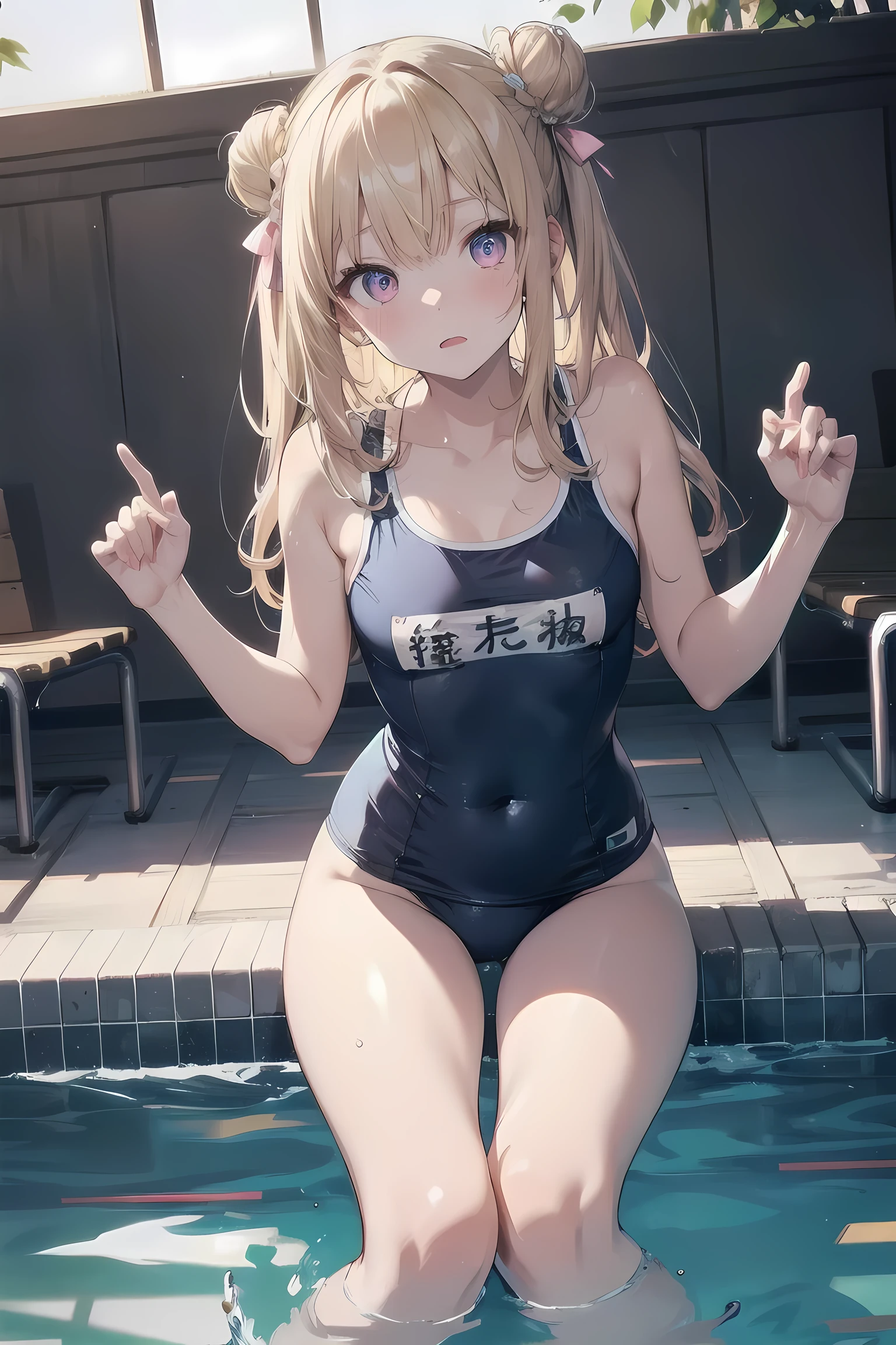 masterpiece, Highest quality, Ultra-high resolution, Highest Resolution, Very detailed,  whole body, thin, very cute,、Complete limbs、Shining Eyes、Full Finger、Slender beauty、Blonde, Bun Hair、Embarrassed look、Writhing expression、Pink、Wear a school swimsuit、Glowing Skin、Knee-length、pool