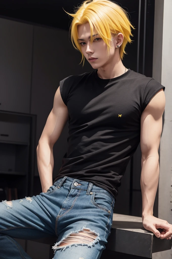 spiky yellow hair black shirt black jeans