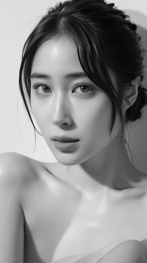 (best quality,ultra-detailed,realistic),(monoclonal portrait),(black and white:1.7),(soft lighting),(Japanese beautiful face),(detailed facial features),(white background),(line drawing),anatomy correct,completely naked,perfect nude,undressed,gleaming face,shiny skin,oiled skin