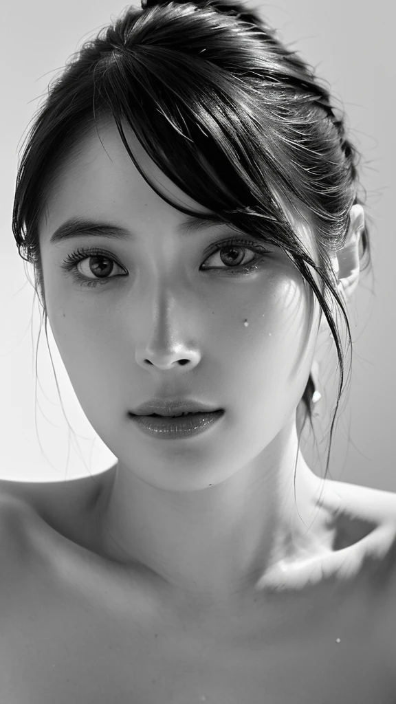 (best quality,ultra-detailed,realistic),(monoclonal portrait),(black and white:1.7),(soft lighting),(Japanese beautiful face),(detailed facial features),(white background),(line drawing),anatomy correct,completely naked,perfect nude,undressed,gleaming face,shiny skin,oiled skin