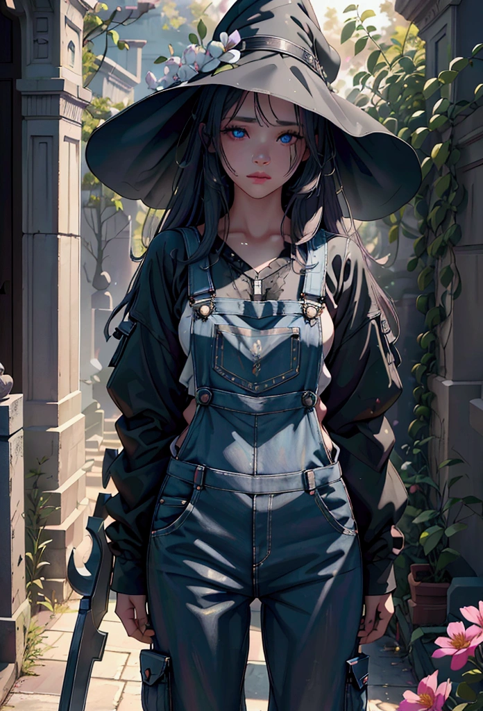 a girl wearing a white shirt and overalls, with angel wings and a witch hat, holding a sci-fi scythe, standing in ancient ruins surrounded by flowers,(best quality,4k,8k,highres,masterpiece:1.2),ultra-detailed,(realistic,photorealistic,photo-realistic:1.37),hyperdetailed,intricate details,extremely detailed,highly detailed,sharp focus,extremely detailed face and eyes,extremely detailed clothing and accessories,extremely detailed background,cinematic lighting,dramatic lighting,vibrant colors,vivid colors,whimsical,fantasy,surreal