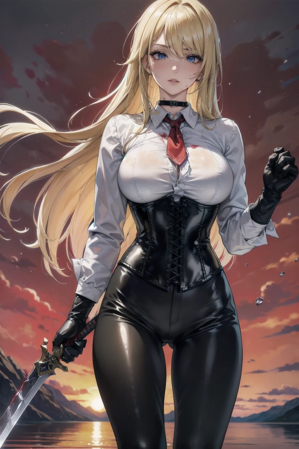((blood droplets)), ((blood)), ((blood splatter)), ((blood on clothes)) ((blood stain)), Masterpiece, Superior image quality, high resolution, 4k image,photo and gross, photorealistic, whole body, Torn clothes,  1 young blonde of 15 years, fighting pose, {{{vagina}}}, big breasts, beautiful face, Long blonde hair, blue eyes, very detailed eyes,  serious expression, choker:1.6, (white collar button down long sleeve shirt), black gloves, gloves that cover hands, (wields a sword in his right hand), (black leather corset), (shiny black leggings), Sensual Lips, show details in the eyes, View from the front, looking at the viewer, standing on the shore of a lagoon, gloomy lagoon, Atmosphere, crimson sky