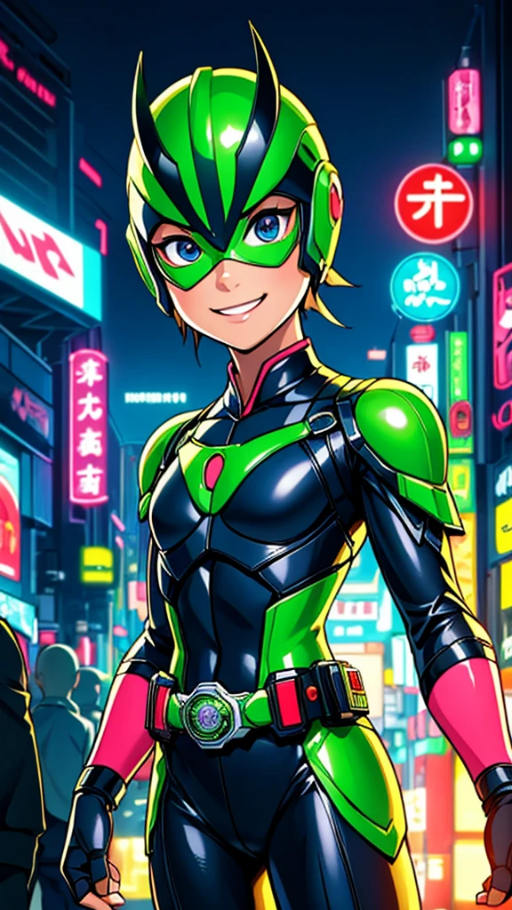 (8k),(masterpiece),(Japanese),(***************),((innocent look)),((Childish)),From the front,smile,cute,Innocent,Kind eyes,Flat chest,green helmet,green domino mask,Mulan, bald,no Hair,Strong wind,night,dark, Neon light cyberpunk city,Kamen_Rider,camisa