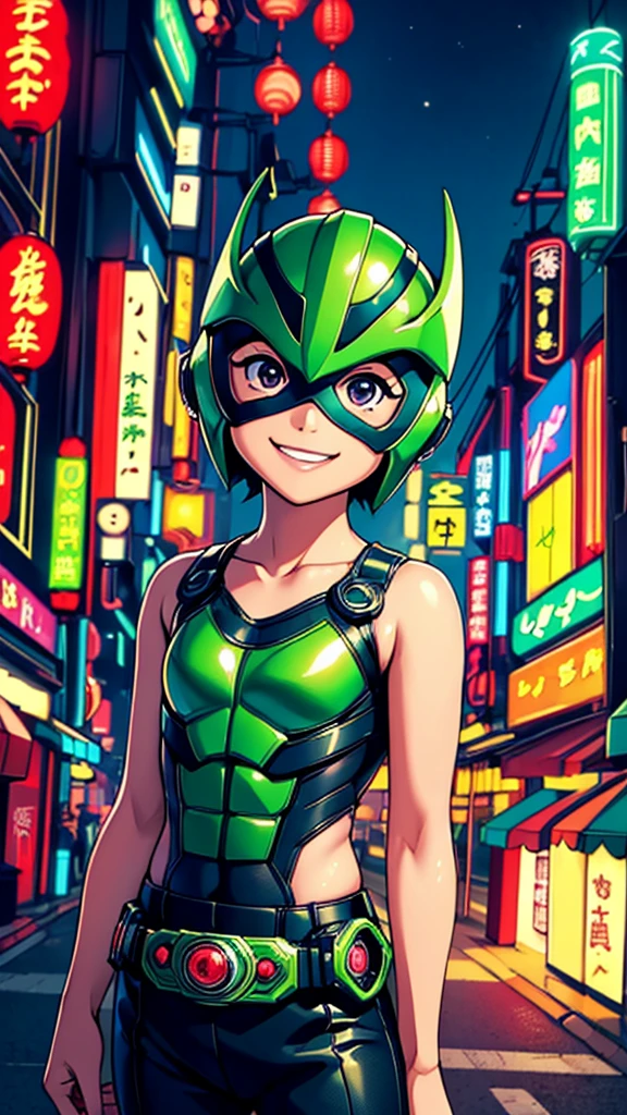 (8k),(masterpiece),(Japanese),(***************),((innocent look)),((Childish)),From the front,smile,cute,Innocent,Kind eyes,Flat chest,green helmet,green domino mask,Mulan, bald,no Hair,Strong wind,night,dark, Neon light cyberpunk city,Kamen_Rider,camisa