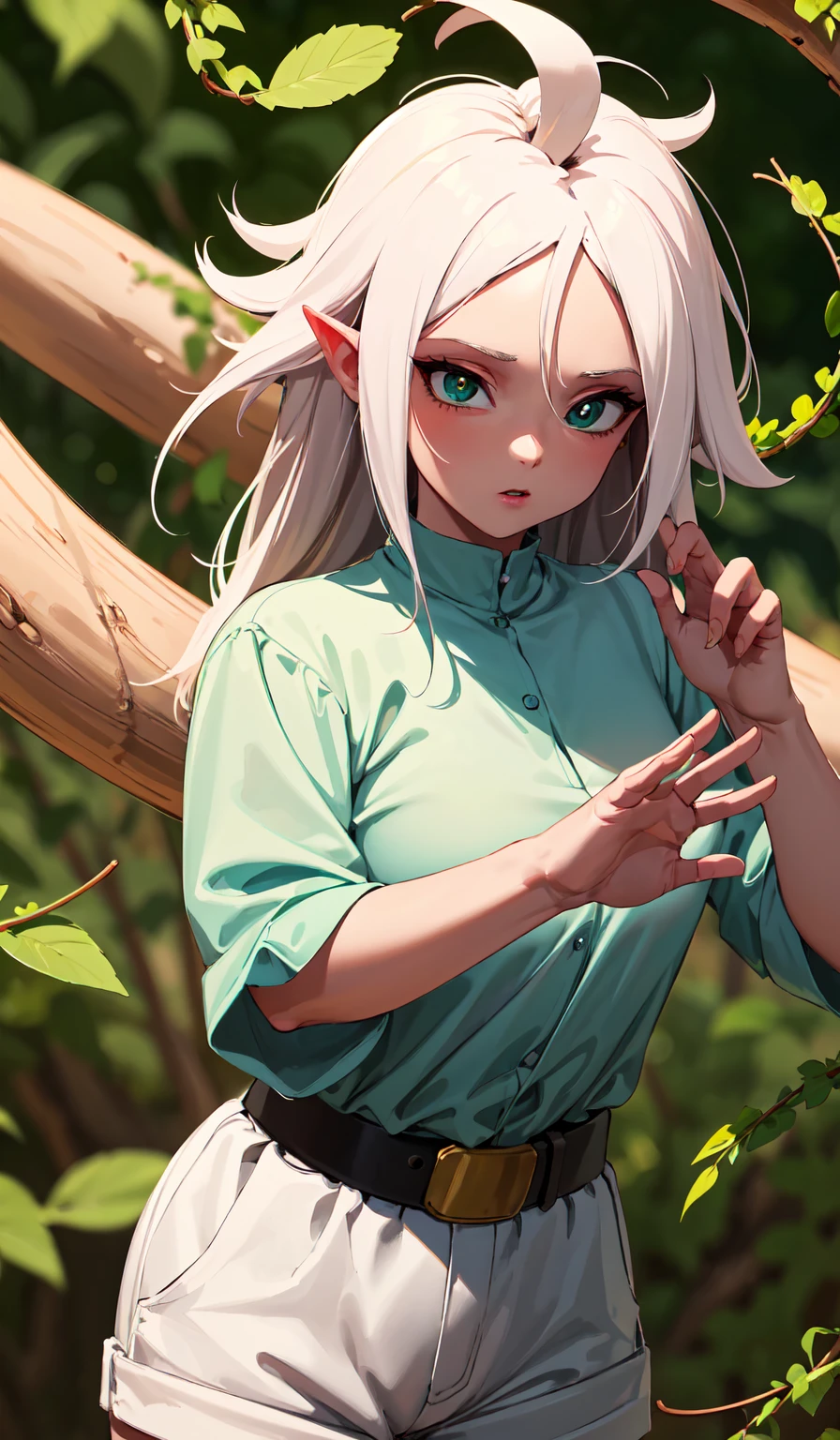 (Best quality,unparalleled masterpiece:1.4),Ultra-detailed 4K CG,(Ultra detailed clear absurdly bright mint big eyes:1.2),Yellow medieval summer girl, concept, vines on the hand and horns from the vines, full length, whole body, magic hunter, white shorts, SFV