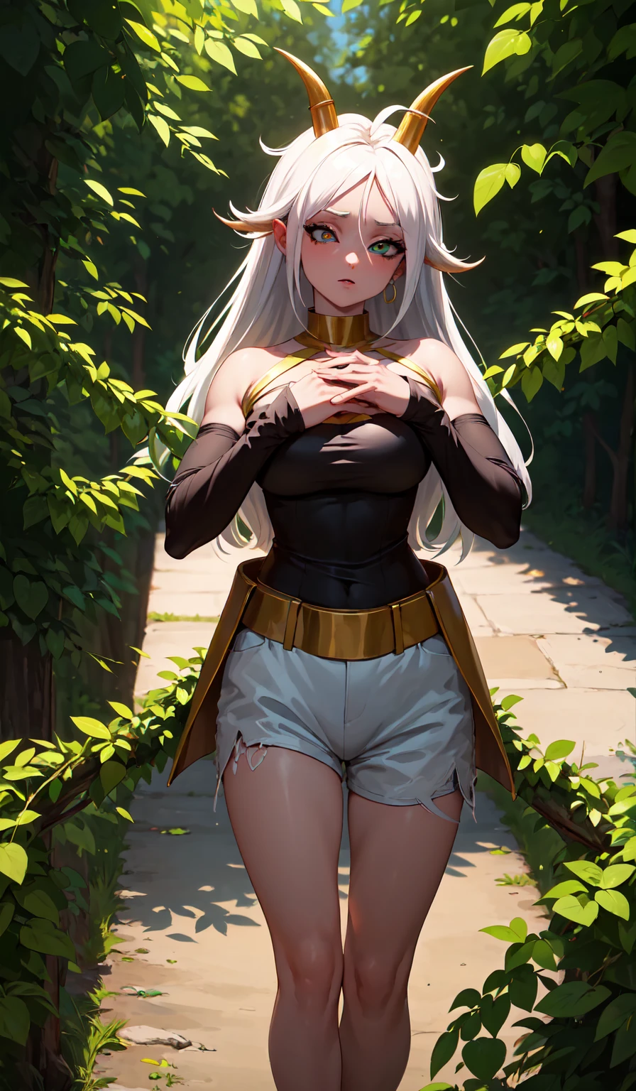 (Best quality,unparalleled masterpiece:1.4),Ultra-detailed 4K CG,(Ultra detailed clear absurdly bright mint big eyes:1.2),Yellow medieval summer girl, concept, vines on the hand and horns from the vines, full length, whole body, magic hunter, white shorts, SFV