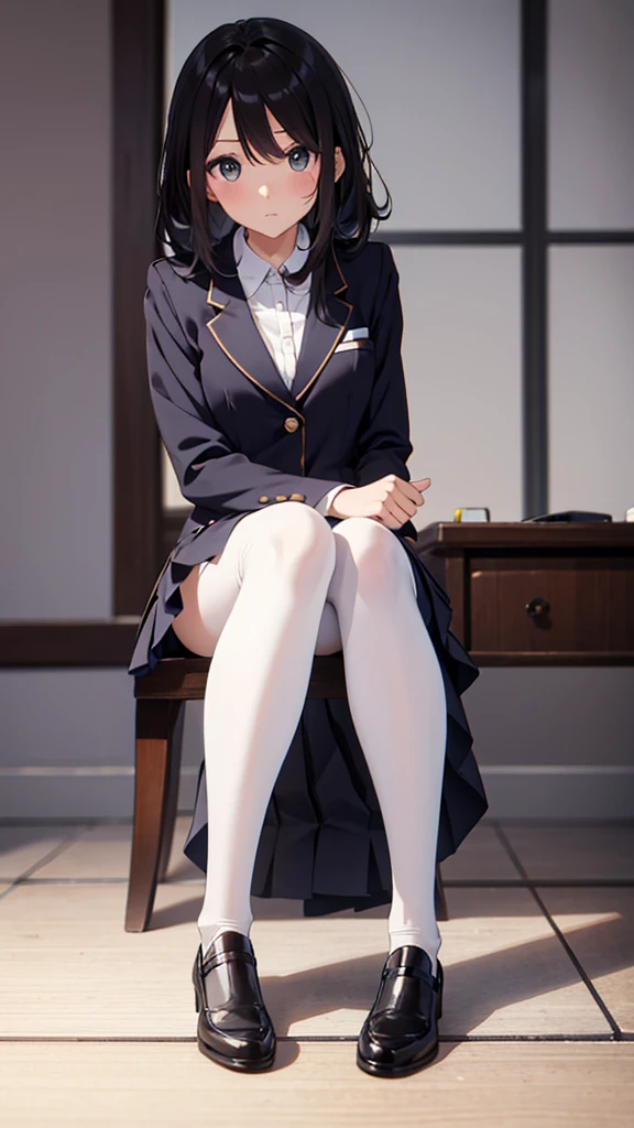 Top quality, masterpiece, High resolution, (Head to toe full body), front, frontやや下からの構図, Symmetric, Tall 18 year old girl, alone, (Head to toe), (Small breasts), bangs, (black tights), (Black Pantyhose), (Sit with your legs apart), (Crouching pose), (A composition showing white panties), (Her legs were spread、I see your white pants.), (I was made to sit on the floor with my legs spread..), (M-shaped legs), Thin legs, A very beautiful and tall 18 year old girl, (No shoes), blush, Shy big eyes, looking at the camera, Blazer Uniform, Checkered Pleated Skirt