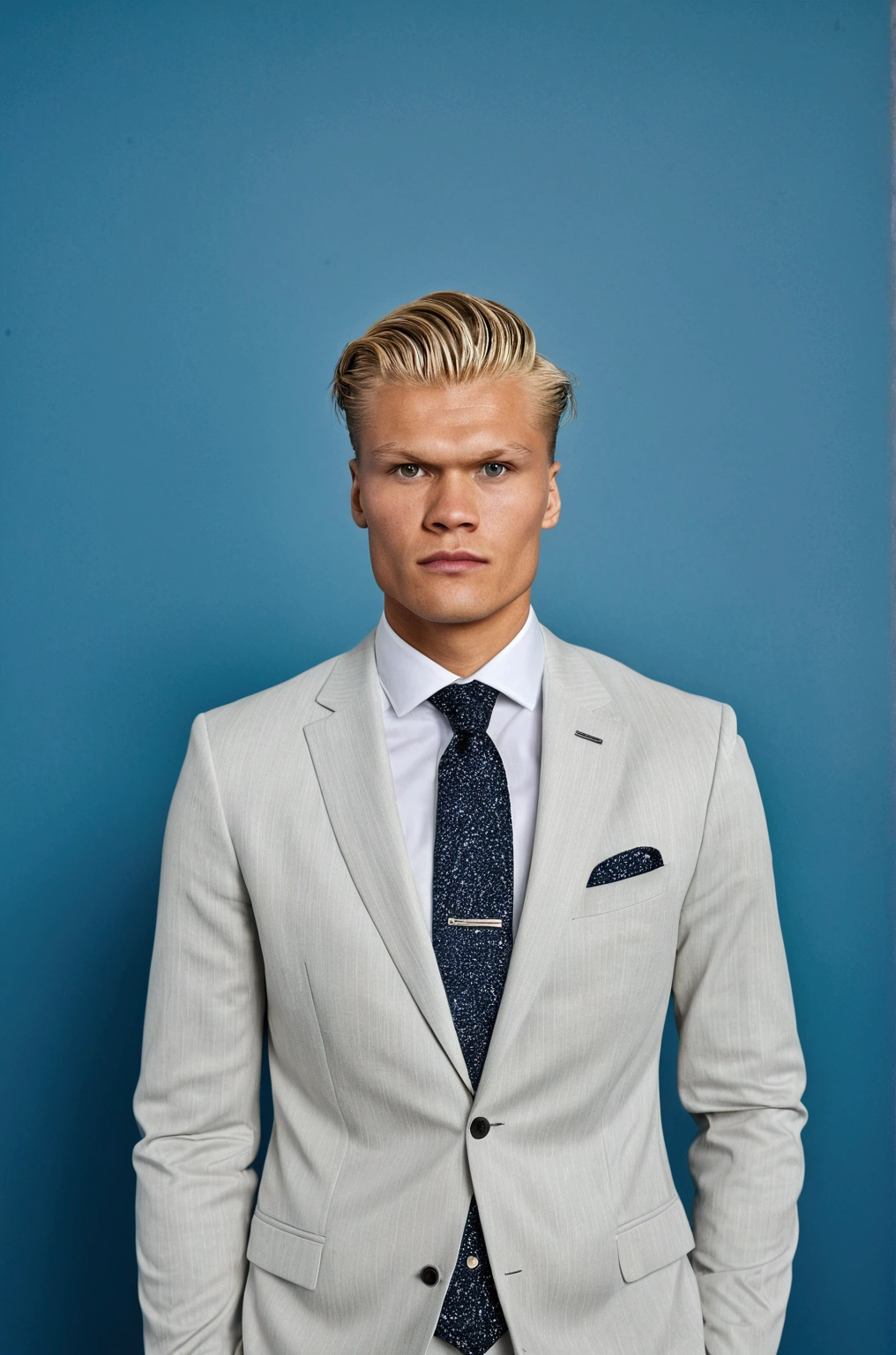 Highest quality,Very detailed,Realistic,Professional,Portraiture,Serious expression,Sparkling eyes,Black Hair,Sharp face,((Erling Haaland))like々New Appearance,Neat hairstyle,Stern expression,Strong jawline,Pinstriped suit,Crisp white shirt,Mature pose,Sophisticated black tie,Natural light,Subtle Shadows,Blue background,Neutral expression,Clean background,High resolution,Close-up shot.