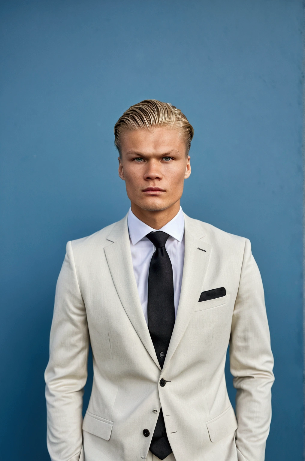 Highest quality,Very detailed,Realistic,Professional,Portraiture,Serious expression,Sparkling eyes,Black Hair,Sharp face,((Erling Haaland))like々New Appearance,Neat hairstyle,Stern expression,Strong jawline,Pinstriped suit,Crisp white shirt,Mature pose,Sophisticated black tie,Natural light,Subtle Shadows,Blue background,Neutral expression,Clean background,High resolution,Close-up shot.