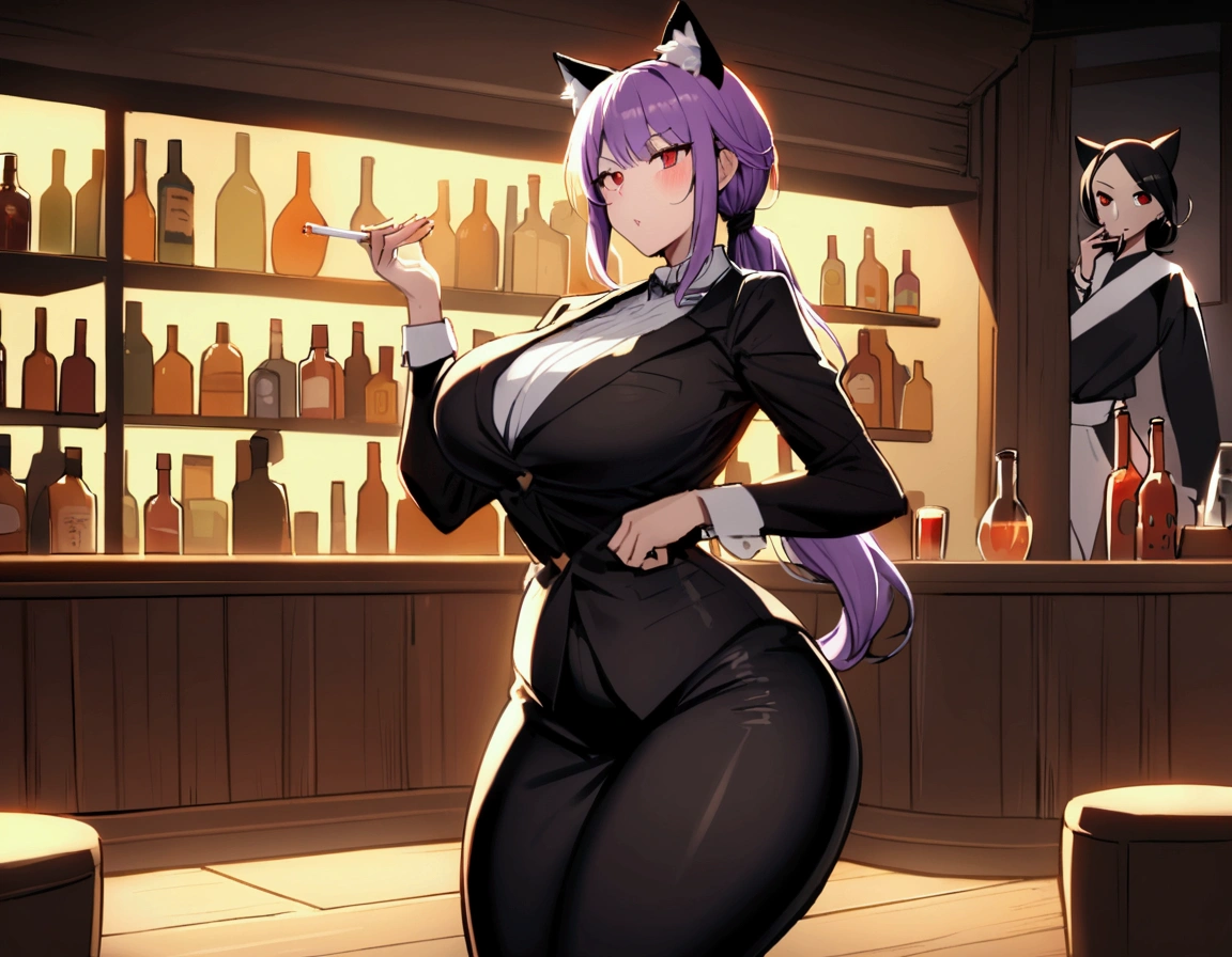 A semi-human bartender half human orca and cat (killer whale tail and cat ears), long purple hair tied in a ponytail, with a curvy figure, the woman smoking, with a serious face and tall body, red eyes, the woman is in a bar with alcoholic drinks in the background, with a knife in his hand that does not hold the cigarette, slightly blushing