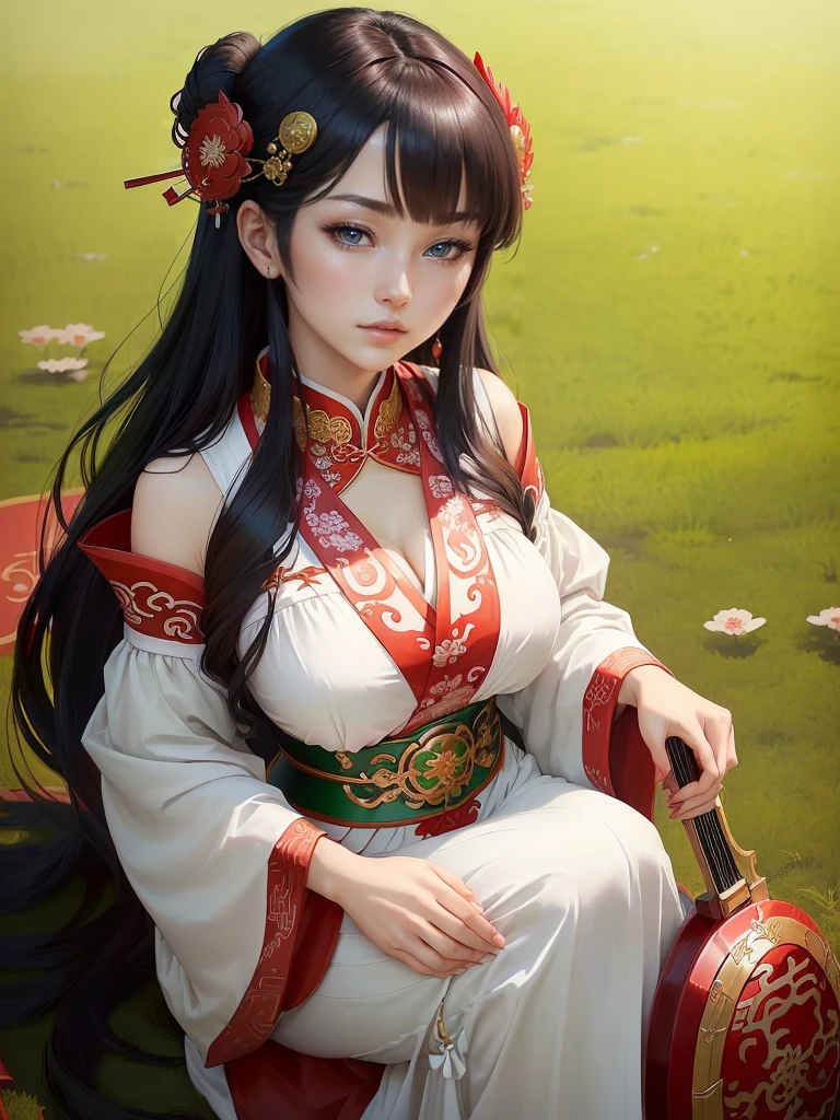 A woman in a white dress holding red and green musical instruments, Beautiful character drawings, Japanese Goddess, Beautiful and attractive anime woman, Gweiz-style artwork, Beautiful Anime Woman, Beautiful Fantasy Empress, Inspired by Wu Zuoren, Inspired by Sukenori Nishikawa, Inspired by Du Qiong, Ancient Chinese Beauties