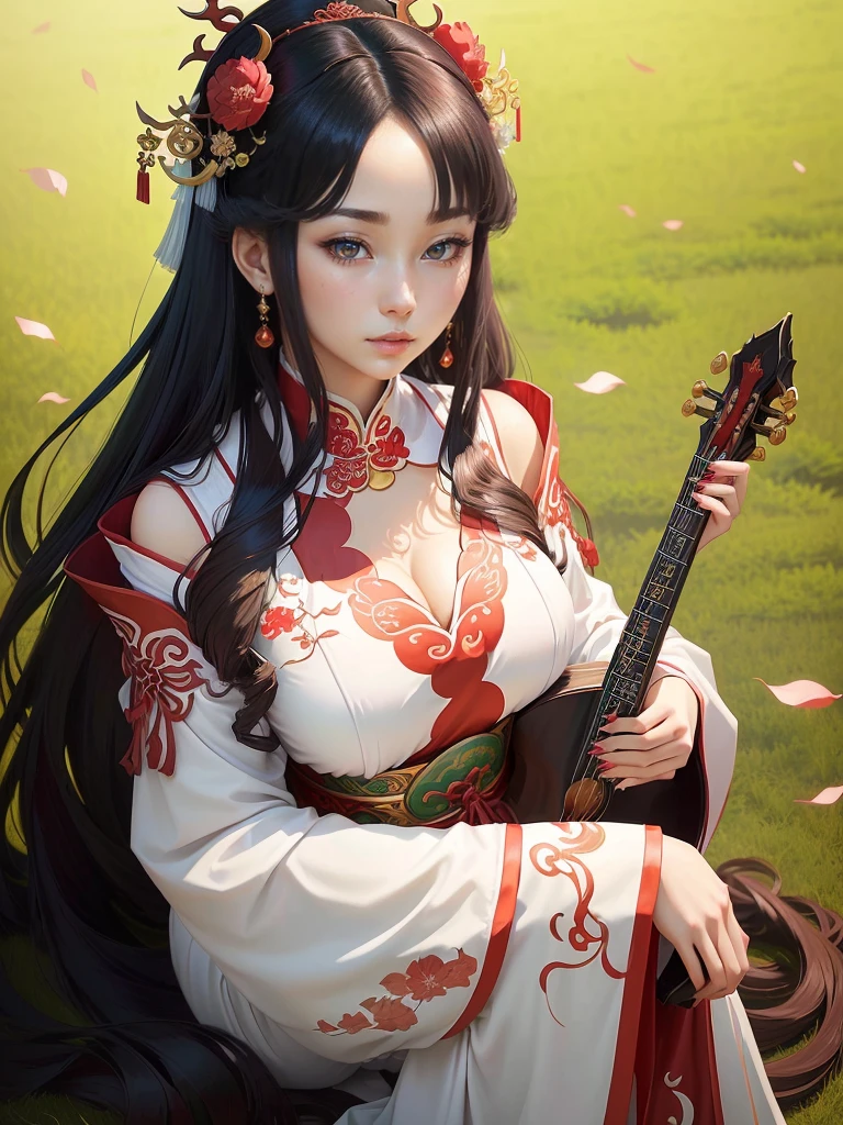 A woman in a white dress holding red and green musical instruments, Beautiful character drawings, Japanese Goddess, Beautiful and attractive anime woman, Gweiz-style artwork, Beautiful Anime Woman, Beautiful Fantasy Empress, Inspired by Wu Zuoren, Inspired by Sukenori Nishikawa, Inspired by Du Qiong, Ancient Chinese Beauties