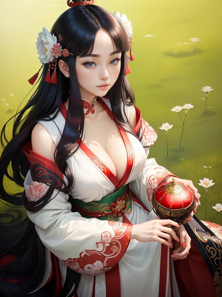 A woman in a white dress holding red and green musical instruments, Beautiful character drawings, Japanese Goddess, Beautiful and attractive anime woman, Gweiz-style artwork, Beautiful Anime Woman, Beautiful Fantasy Empress, Inspired by Wu Zuoren, Inspired by Sukenori Nishikawa, Inspired by Du Qiong, Ancient Chinese Beauties