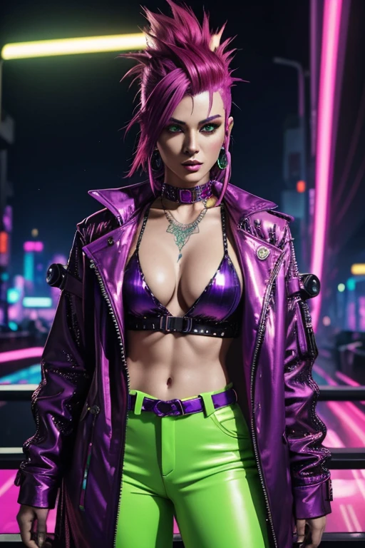 Cyberpunk, Woman, open purple sequin coat, red clothing, cyberpunk mercenary, red silk shirt with plunging neckline, neon green Mohawk hair, neon party lights in background, bright yellow pants, party going, cyberpunk party with neon light display in background, shiny clothing, punk tattoos