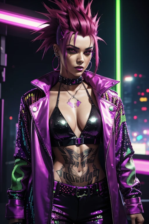Cyberpunk, Woman, open purple sequin coat, red clothing, cyberpunk mercenary, red silk shirt with plunging neckline, neon green Mohawk hair, neon party lights in background, bright yellow pants, party going, cyberpunk party with neon light display in background, shiny clothing, punk tattoos