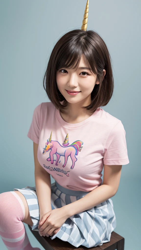 8k, RAW Photos, Highest quality, masterpiece, Realistic, Detailed face, Detailed skin, Warm color temperature, (Simple gray background:1.1), Beautiful Japanese woman aged 35, (short hair:1.1), Asymmetrical bangs, Light brown hair, Full Body Shot, Front view, (One adult woman:1.2), (Low length:1.1), height: 148cm, , skinny, (Light blue ruffled micro skirt:1.2), (Pink t-shirt for girls with a unicorn illustration:1.2), (Striped knee socks:1.2), Huge breasts, Fake breasts, smile