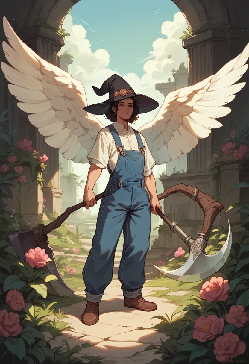white shirt, overalls, angel wings, witch hat, twin wails, holding sci-fi scythe, ancient ruins, flowers