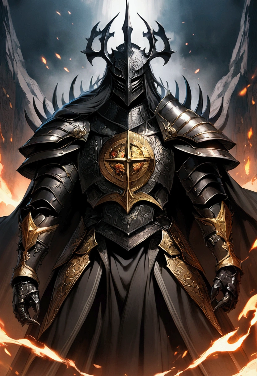 Lord of the rings wallpapers, not canon eos 5d mark iv style, gothic grader, close-up intensity, gray and gold, elaborate costumes,dragon insignia, filmed in 70mm --ar 16:9 --q 2 --s 1000, Sauron, Melkior, Lord of the Rings, black armor, knight, King, Imperator, grimdark