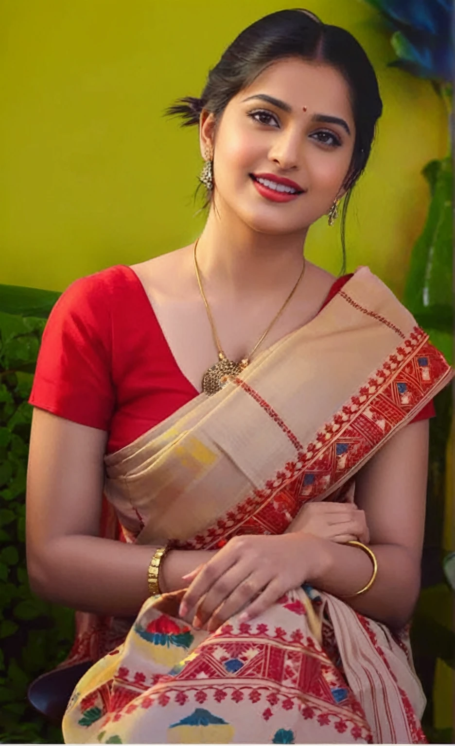 full body view perfect pink eyes, fantastic face, Indian, beautiful look, ((red lips, bright eyes, curve heir 1.5)), ((beautiful details very big breast )), (Straight round and ultra huge clevage, not sagging breast), A glorious gorgeous, glorious gorgeous face, pretty face, bright eyes, detailed elegant printed red saree, updo elegant hair, blurred gray tones background, ultra focus, face ilumined, face detailed, 8k resolution, painted, dry brush, brush strokes, razumov style and garmash style, by Tokaito, ((Full Open )), full body, sexy open thin belly, upper body part totally naked