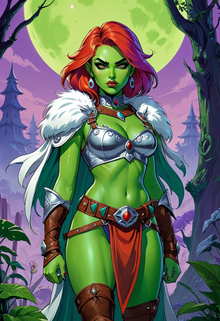 in the style of masters of the universe, flat colors style, bold sharp lines, cell shading, a (green skinned, green skin, bright green skin:1.3) female warrior, she has (red hair) and wears a (leather harness across her chest), leather shoulder straps, loincloth, thick fur belt, white  fur boots, silver bracers, fur cloak. (detailed face, detailed eyes) (best quality,4k,8k,highres,masterpiece, colorful, vibrant colors:1.2), absurdres, ((detailed eyes)), narrow eyes, lavender colored eyes, piercing eyes, pointed ears, sharp ears, (grim expression). Good hands, detailed hands. Eternia background, multicolor sky, blue moon. Show her standing confidently with her fists clenched, in a thick dark jungle, vines, purple trees, blue leaves. dramatic shadows