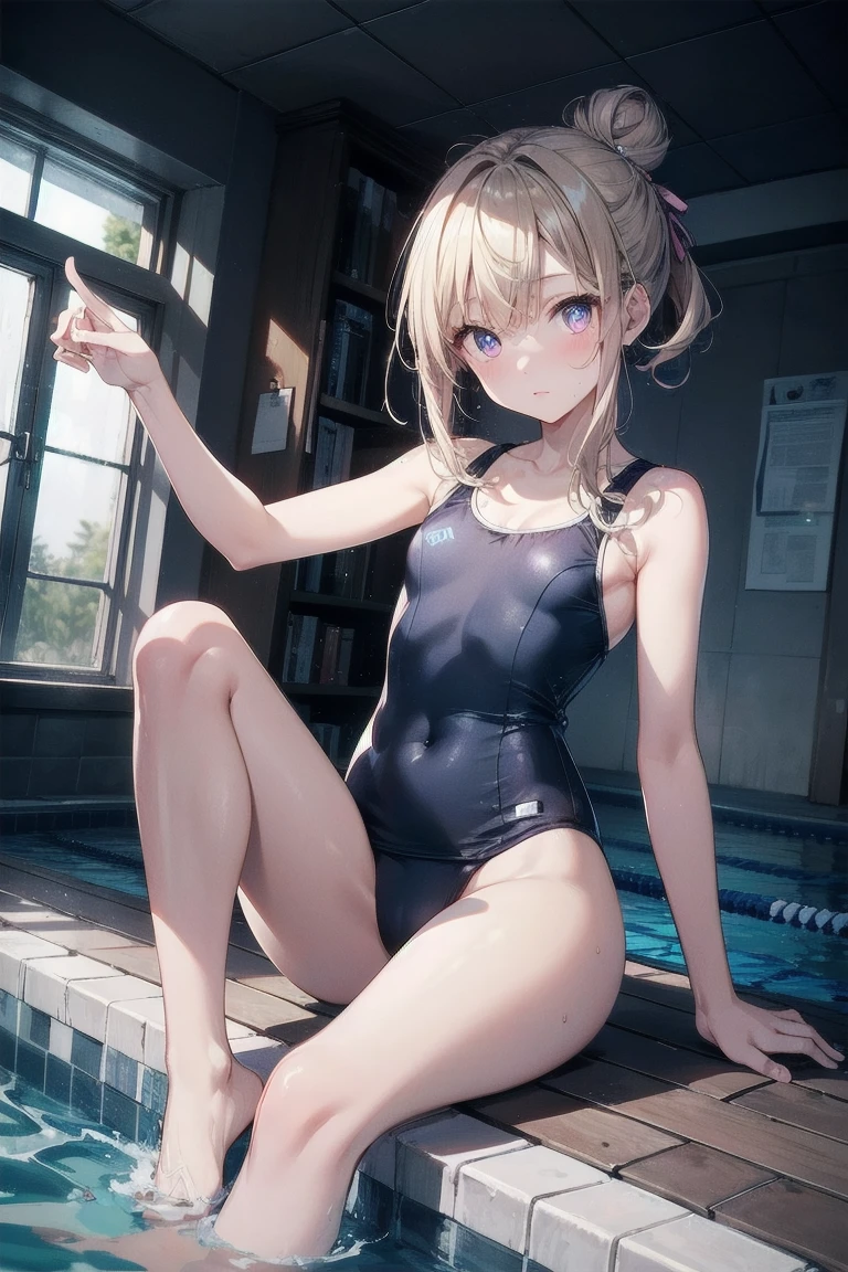 masterpiece, Highest quality, Ultra-high resolution, Highest Resolution, Very detailed,  whole body, thin, very cute,、Complete limbs、Shining Eyes、Full Finger、Slender beauty、Blonde, Bun Hair、Embarrassed look、Writhing expression、Pink、Wear a school swimsuit、Glowing Skin、Knee-length、pool