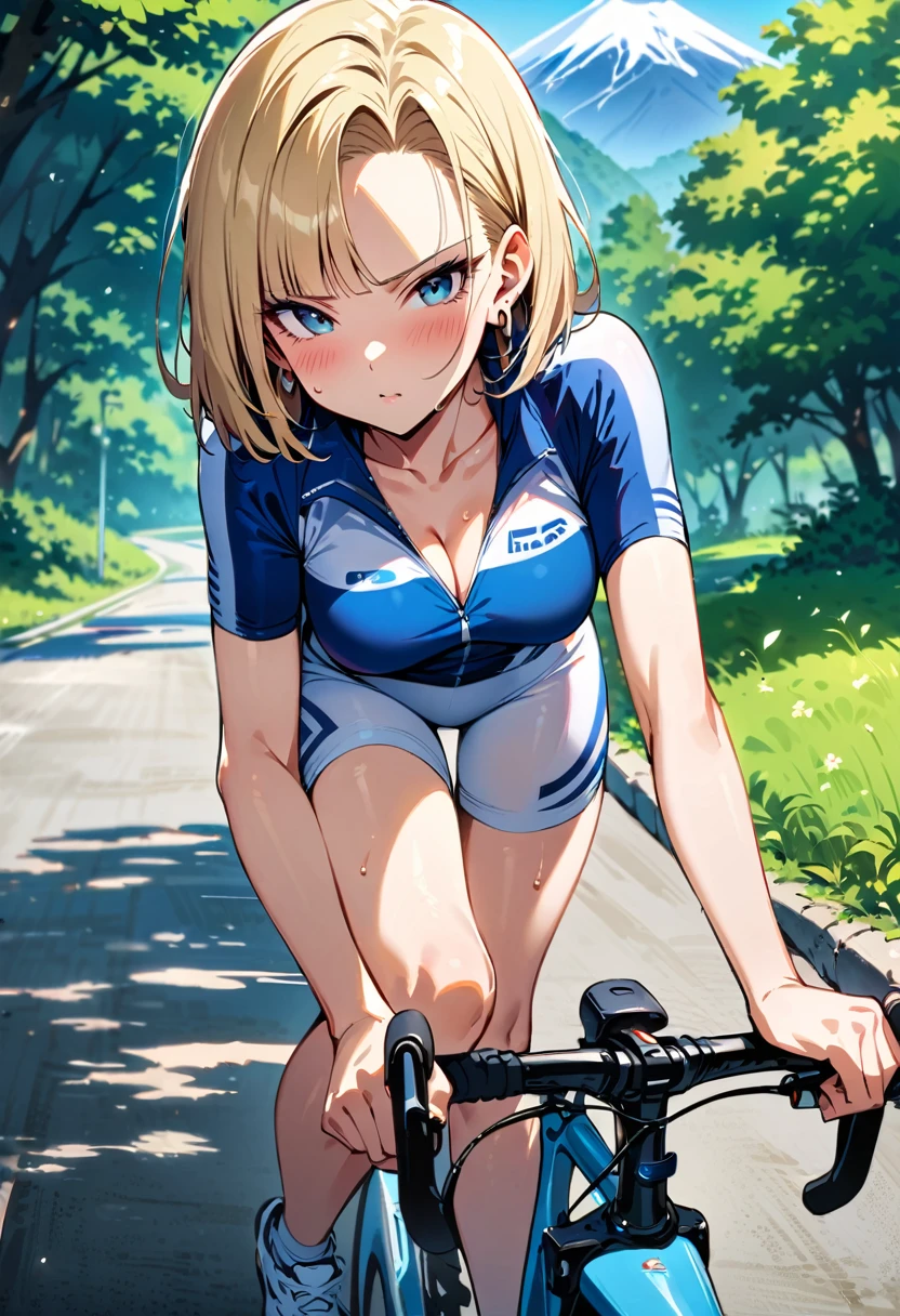(masterpiece, best quality:1.2),1girl, (solo), Android 18 from Dragon Ball, medium breasts, blunt bangs, blonde short hair, black eyes, earrings on earlobes, slim, slender feminine figure, skinny body, blush, magnificent view, blur background, 4K, pedaling the bike with one leg raised and knee bent in cycling motion, sitting on the saddle with her buttocks on the bike seat, torso leaning forward over the low handlebars grasping the handles, facing camera, navy blue and white striped cycling jersey, navy blue and white striped cycling shorts hugging her toned thighs, white cycling shoes clipped into the white lightweight pedals, riding a white road bike with a striped aerodynamic frame, white thin tires on a paved road, surrounded by lush green trees and foliage lining the paved road, sunlight filtering through leaves, Mount Fuji visible in the distance, (collarbone), sweat,