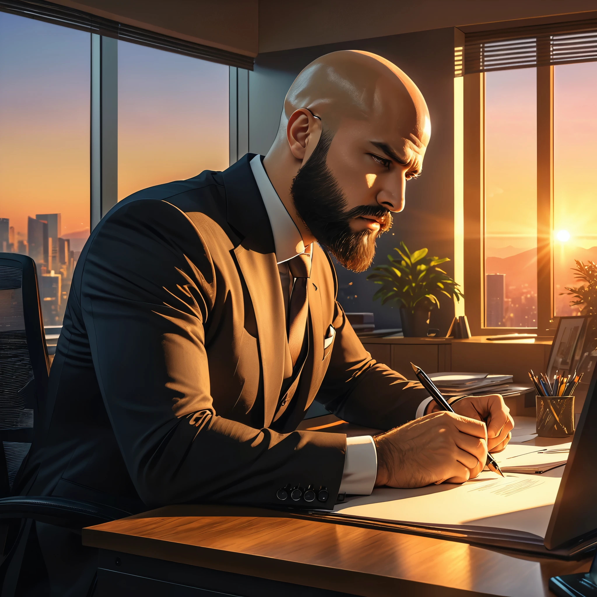 drawing of a man sleeping with a content expression next to his wife, extremely detailed faces, subject is bald with a beard, ultra-detailed, (best quality,4k,8k,highres,masterpiece:1.2), HDR, UHD, studio lighting, vivid colors, warm color tones
