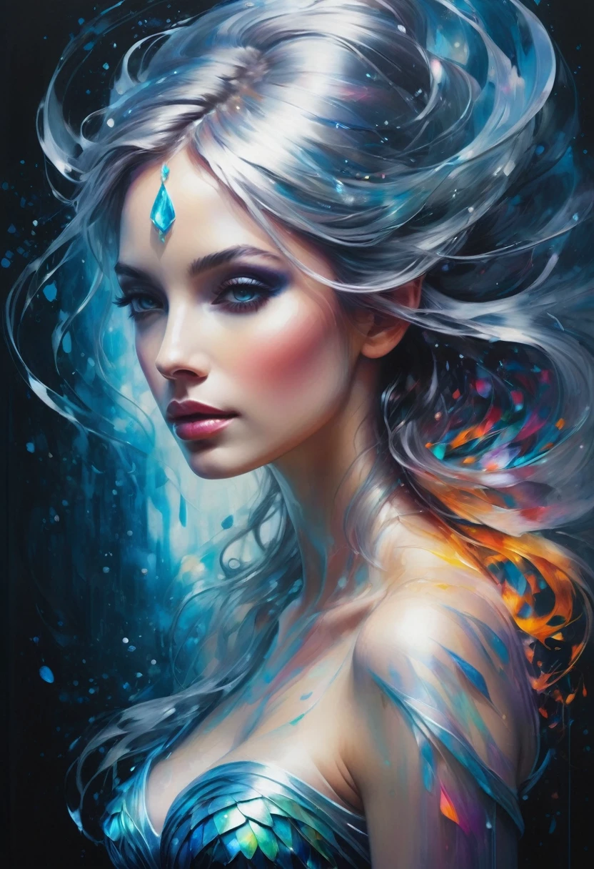 silver_Light painting representing the face of a beautiful woman, silver_Light style, mesmerizing beauty, cool and twister, crystals sparkle and sparkle, creating fantastic, releasing flame and water and flash, miracle of beauty, elegant curves, swirling patterns and iridescent glass , stunning cyber fairy, (((extremely intricate detail: 1.3))), (((breathtaking: 1.3))), Incredibly beautiful visual quality,