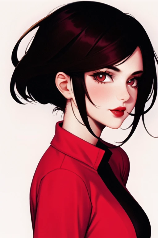 1girl, solo,red theme,looking at viewer,large breasts,portrait,from side,bad-girl,((mature female))