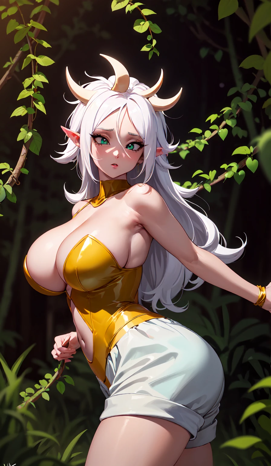 (Best quality,unparalleled masterpiece:1.4),Ultra-detailed 4K CG,(Ultra detailed clear absurdly bright mint big eyes:1.2),Yellow medieval summer girl, concept, vines on the hand and horns from the vines, full length, whole body, magic hunter, white shorts, sexy sex