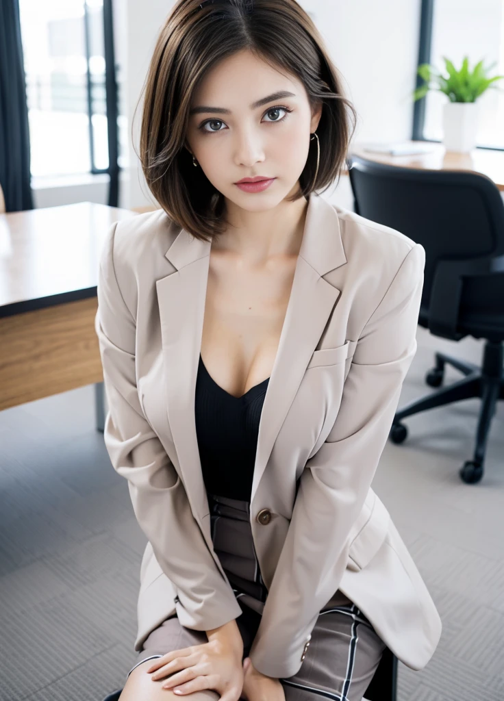 24year old beautiful girl、Beauty、Japanese、cute、beautiful girl、slim、Highest quality、Realistic、16K、panoramic、((Best Quality, 8k, Masterpiece: 1.3)), 1 girl, full body, slim face, beautiful woman, Woman walking down an office corridor, White wall, Grey table, plant, Sexy pose, Blur the background, concentrate,
(((masterpiece))), ((Highest quality)), ((Exquisitely crafted)), ((surreal)), An absurd solution, Mature Woman, Mature Woman, perspective, Very detailed, shape, One Girl, ((Larger breasts)), Perfect hands, Detailed fingers, Beautiful attention to detail, short hair, bionde, blue eyes, name tag, chief executive officer(chief executive officer(CEO)), (business suit:1.2), Open blazer, shirt, Tight Skirt,, Earrings, Detailed Background, Bedroom, Perfect Eyes, 、Sitting in a chair
