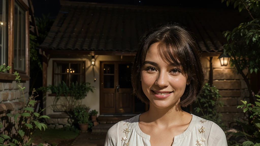 In the night, a beautiful woman under the soft glow of the stars, a 45-year-old woman smiles in front of a small rural house. She exudes a peaceful joy, her smile reflecting the peace of the environment around her. The house, simple and cozy, is surrounded by lush vegetation, creating a serene and welcoming setting. The night sky, dotted with stars, adds a magical touch to the scene, making the moment even more special. 8K ultra-realistic portrait.