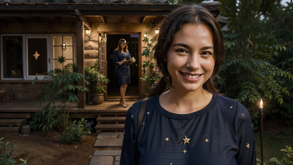 In the night, a beautiful woman under the soft glow of the stars, a 45-year-old woman smiles in front of a small rural house. She exudes a peaceful joy, her smile reflecting the peace of the environment around her. The house, simple and cozy, is surrounded by lush vegetation, creating a serene and welcoming setting. The night sky, dotted with stars, adds a magical touch to the scene, making the moment even more special. 8K ultra-realistic portrait.