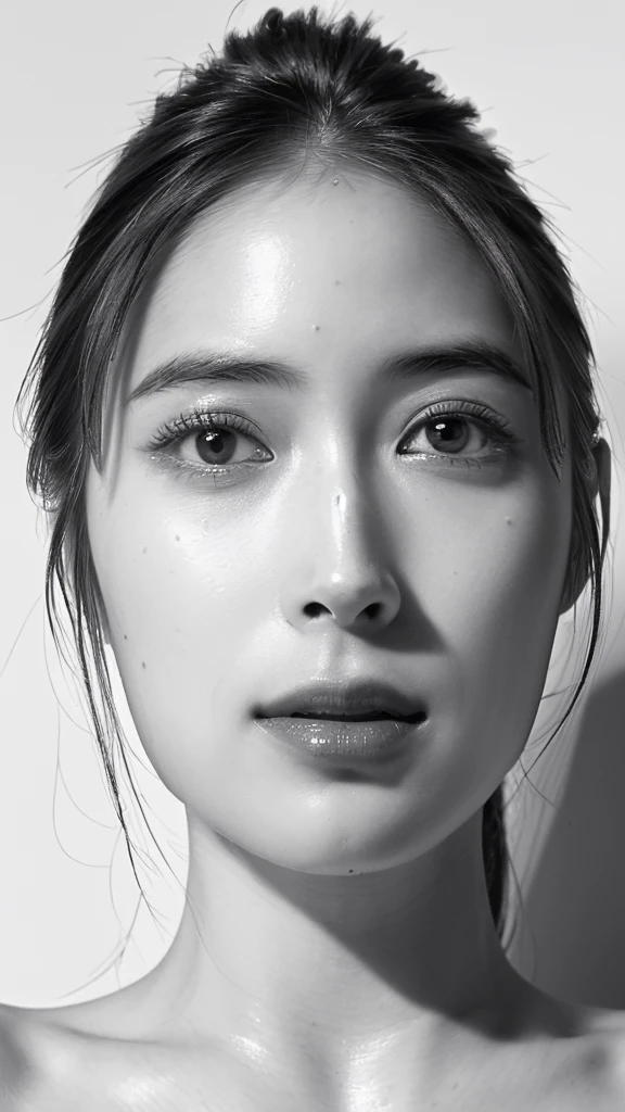 (best quality,ultra-detailed,realistic),(monoclonal portrait),(black and white:1.7),(soft lighting),(Japanese beautiful face),(detailed facial features),(white background),(line drawing),anatomy correct,completely naked,perfect nude,undressed,gleaming face,shiny skin,oiled skin