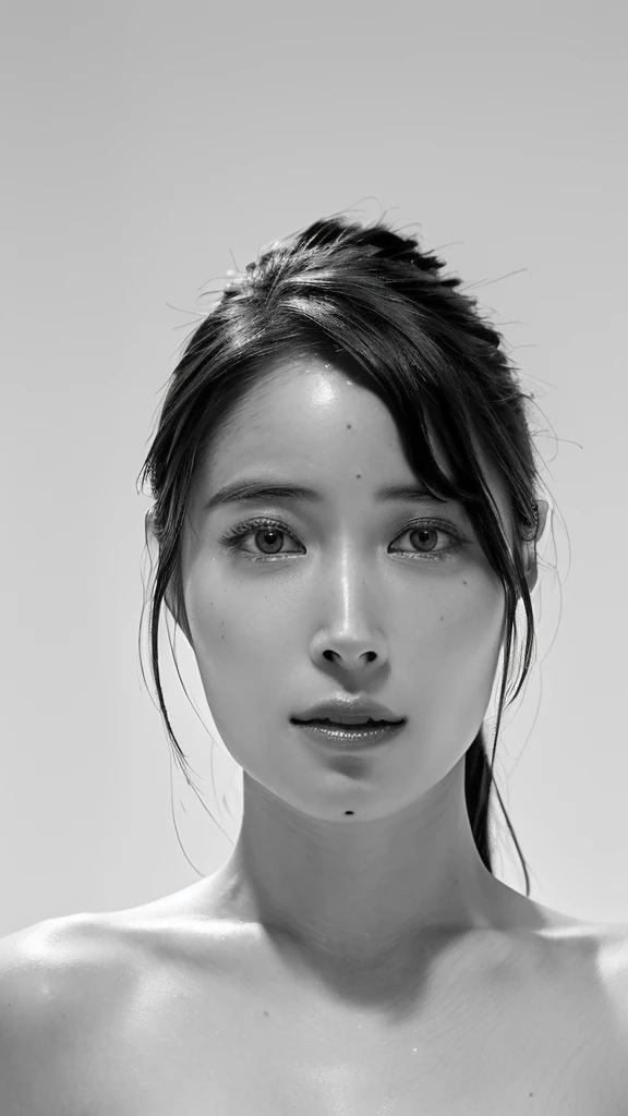 (best quality,ultra-detailed,realistic),(monoclonal portrait),(black and white:1.7),(soft lighting),(Japanese beautiful face),(detailed facial features),(white background),(line drawing),anatomy correct,completely naked,perfect nude,undressed,gleaming face,shiny skin,oiled skin