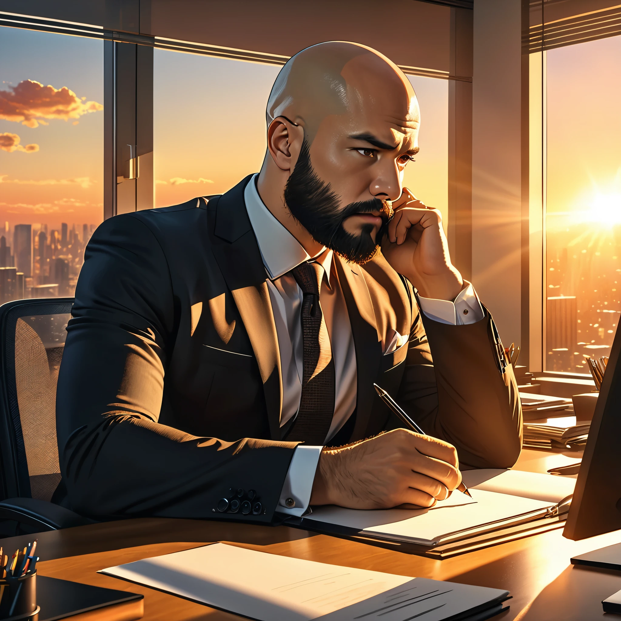 drawing of a man sleeping with a content expression next to his wife, extremely detailed faces, subject is bald with a beard, ultra-detailed, (best quality,4k,8k,highres,masterpiece:1.2), HDR, UHD, studio lighting, vivid colors, warm color tones
