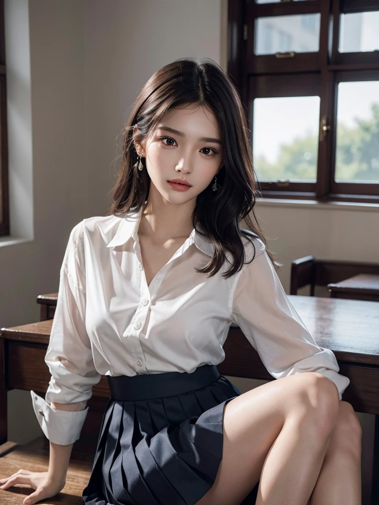 absurdres, RAW photo, extremely delicate and beautiful, masterpiece, Best Quality, ultra high resolution, 32k, hyperrealistic, ultra-detailed, perfect anatomy, super Detailed skin, perfect figure, Super Beauty, Perfect Style, Perfect balance, Beautiful Lighting, Perfect Lightning, Realistic Shadows, 20 years old, very Slim body, narrow waist, very small head, very small face, delicate facial features, handsome detailed woman, very detailed eyes and face, realistic face proportions, Realistic beautiful face, Realistic beautiful eyes, tearful mole, earring, very huge round breasts, legs, medium hair, whole body shot, indoor, school_uniform, dress shirt, pleated skirt,