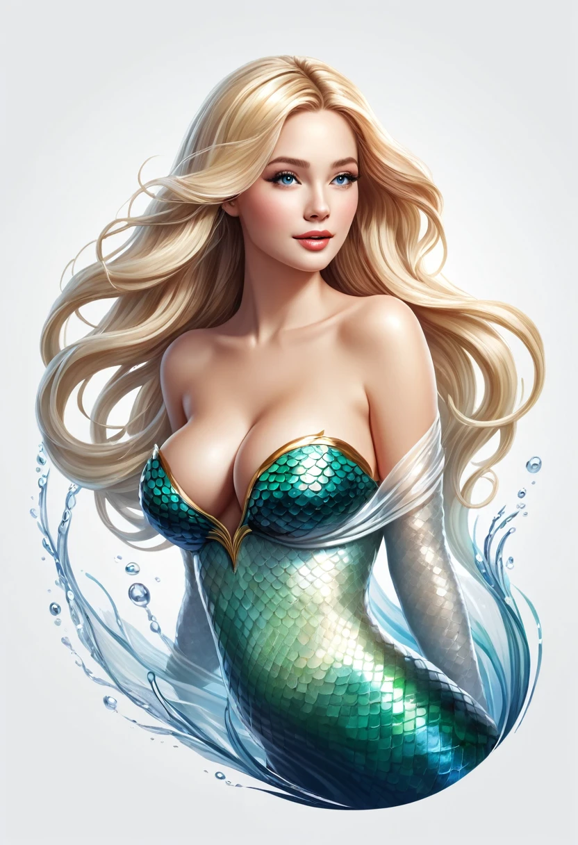 a beautiful mermaid, ((flowing hair)), ((covering boobs)), blonde hair, curved tail, vector logo, white background, (best quality,4k,8k,highres,masterpiece:1.2),ultra-detailed,(realistic,photorealistic,photo-realistic:1.37),digital art, highly detailed, intricate, elegant, graceful, minimal, clean, simple