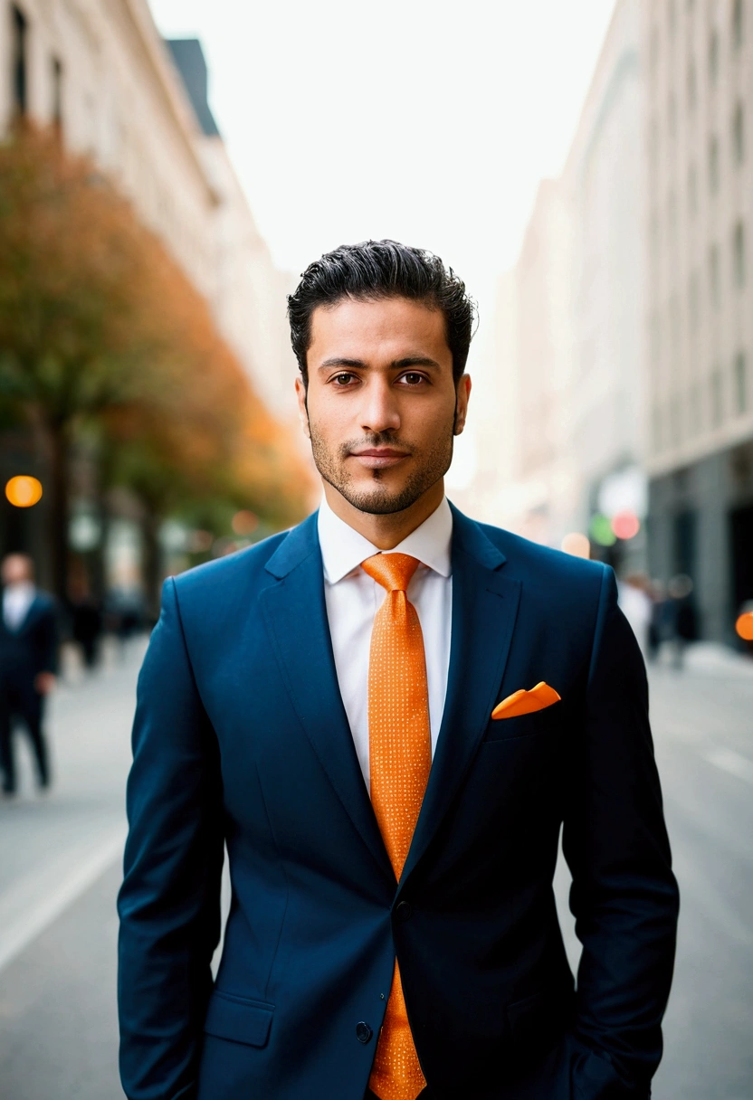 Arabian man wearing a suit and orange tie standing on a city street, Outdoor business portrait, Professional Profile Photo, Professional profile photo, wearing a suit and a tie, Wearing a business suit, Nico DeRolls, Chi multiplication, Corporate Wear, wearing a suit and a tie, Corporate Portrait, Raphael Persona, Sascha Schneider, Wear a business suit, Professional photos