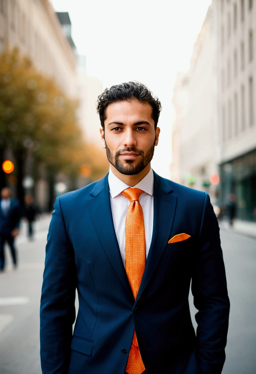 Arabian man wearing a suit and orange tie standing on a city street, Outdoor business portrait, Professional Profile Photo, Professional profile photo, wearing a suit and a tie, Wearing a business suit, Nico DeRolls, Chi multiplication, Corporate Wear, wearing a suit and a tie, Corporate Portrait, Raphael Persona, Sascha Schneider, Wear a business suit, Professional photos
