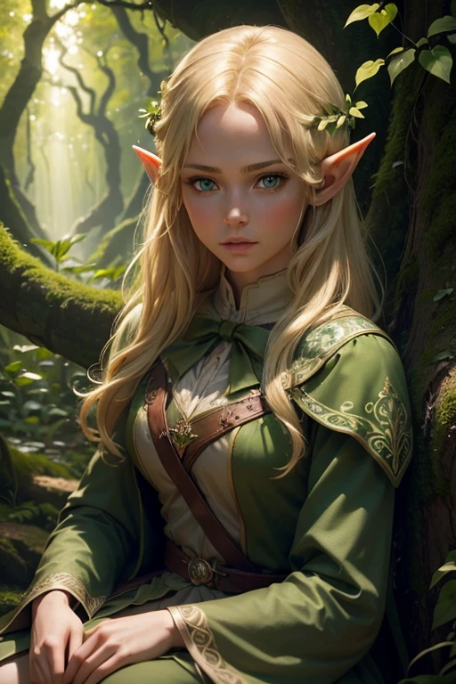 1 girl, forest elf with blonde hair and bottle green eyes, slim, archer, sitting on a branch in a tree, fantasy forest background, ornate bow, detailed wooden branch, sunlight filtering through leaves, lush greenery, intricate details, high quality, intricate, cinematic lighting, warm color palette, photorealistic, masterpiece