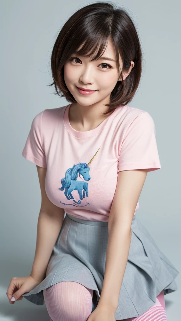 8k, RAW Photos, Highest quality, masterpiece, Realistic, Detailed face, Detailed skin, Warm color temperature, (Simple gray background:1.1), Beautiful Japanese woman aged 45, (short hair:1.1), Asymmetrical bangs, Light brown hair, Full Body Shot, Front view, (One adult woman:1.2), (Low length:1.1), height: 178cm, , skinny, (Light blue ruffled micro skirt:1.2), (Pink t-shirt for girls with a unicorn illustration:1.2), (Striped knee socks:1.2), Huge breasts, Fake breasts, smile