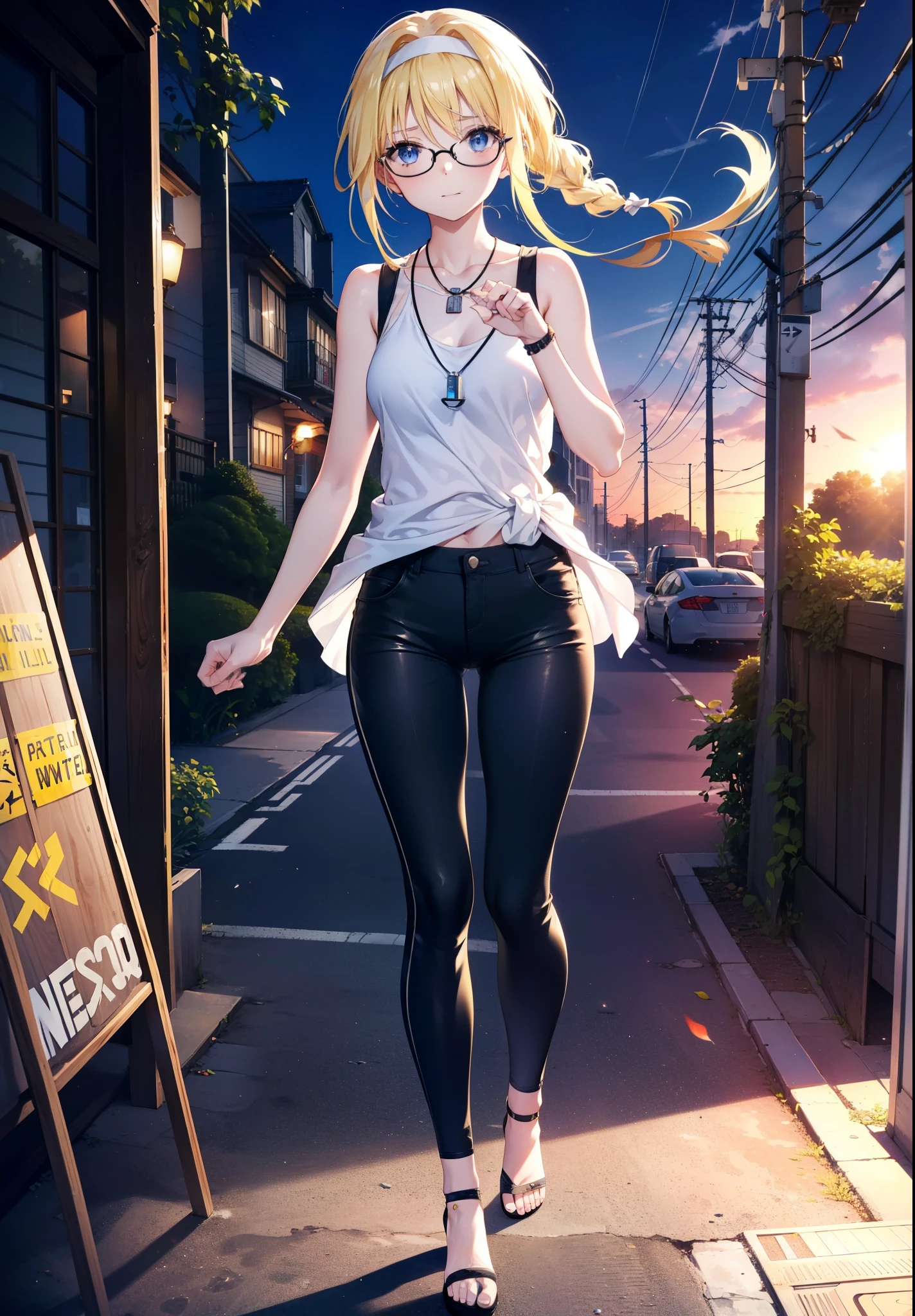 Alicesburg, Alice Zuberg, bangs, blue eyes, Blonde, Hair between the eyes, Very long hair, Braiding, hair band, white hair band,Black-rimmed glasses,Yellow Tank Top,Locket Necklace,skinny pants,Stiletto heels,Walking,morning,morning陽,The sun is rising,whole bodyがイラストに入るように,smile,blush,
break outside, Residential Street,
break looking at viewer, whole body,
break (masterpiece:1.2), Highest quality, High resolution, unity 8k wallpaper, (figure:0.8), (Beautiful attention to detail:1.6), Highly detailed face, Perfect lighting, Highly detailed CG, (Perfect hands, Perfect Anatomy),